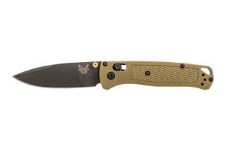 Benchmade Bugout 3.24" folding knife with ranger green grivory grips and drop-point plain edge blade